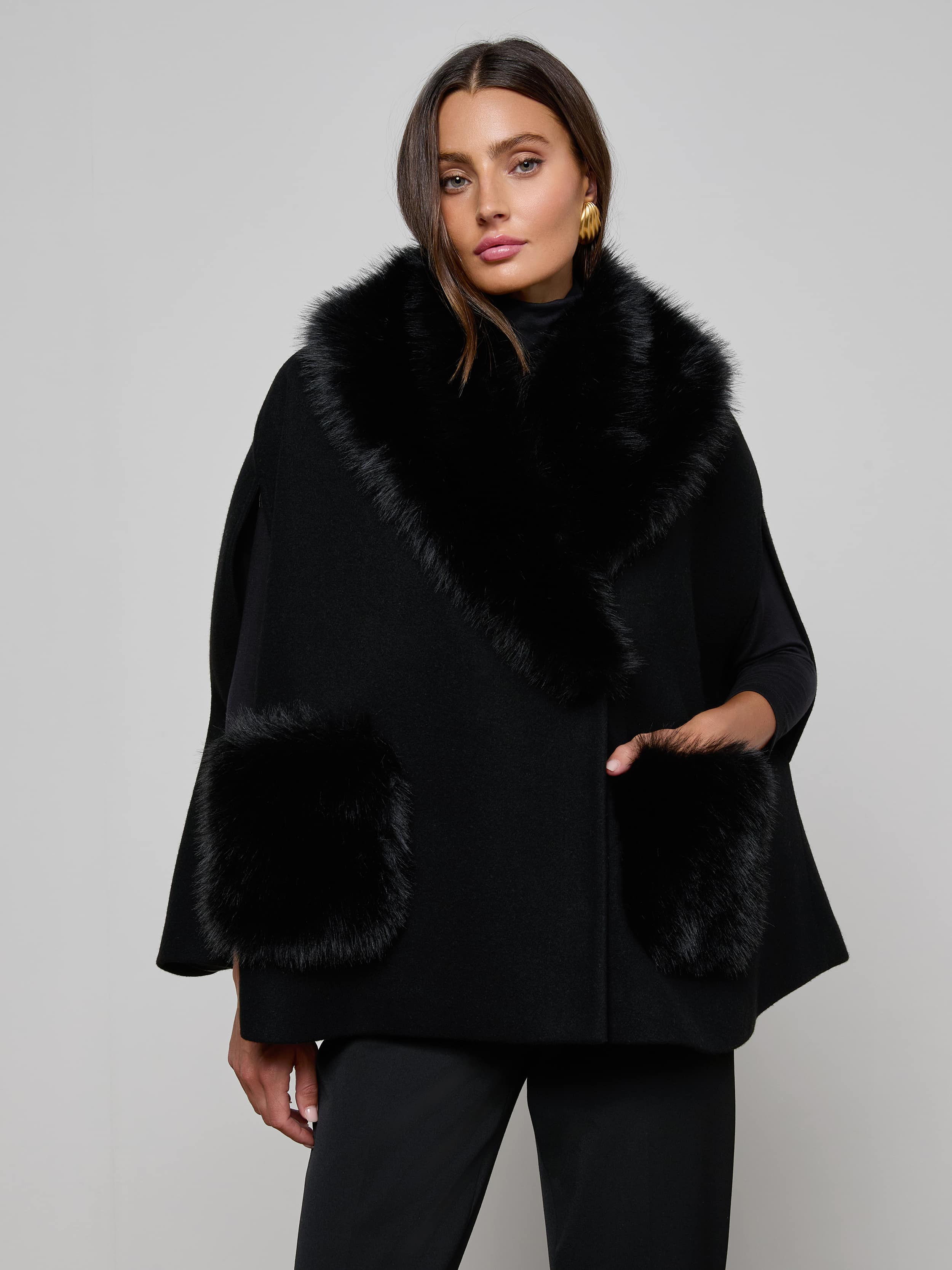 Chana Faux Fur Cape in Black | L'AGENCE | L'Agence