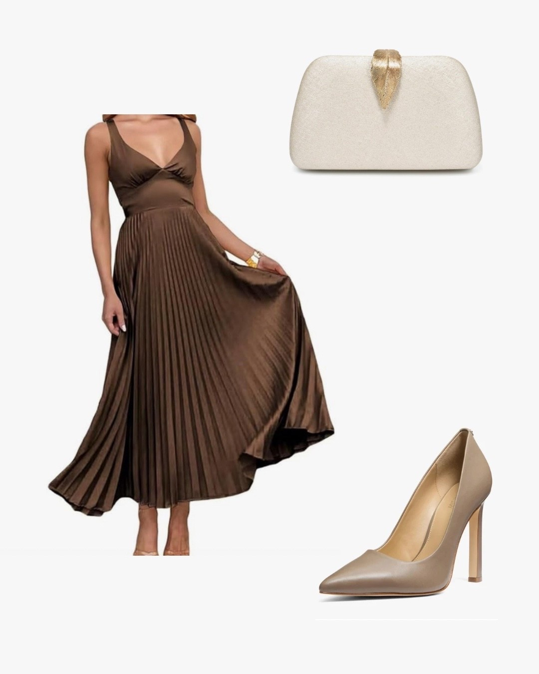 ✨ Effortless elegance ✨ Loving this rich chocolate pleated dress paired with classic nude pumps and a chic ivory clutch. Perfect for weddings, date nights, or any event where you want to shine. 🤎🤍👠

#LTKWedding #LTKSeasonal #LTKMidsize