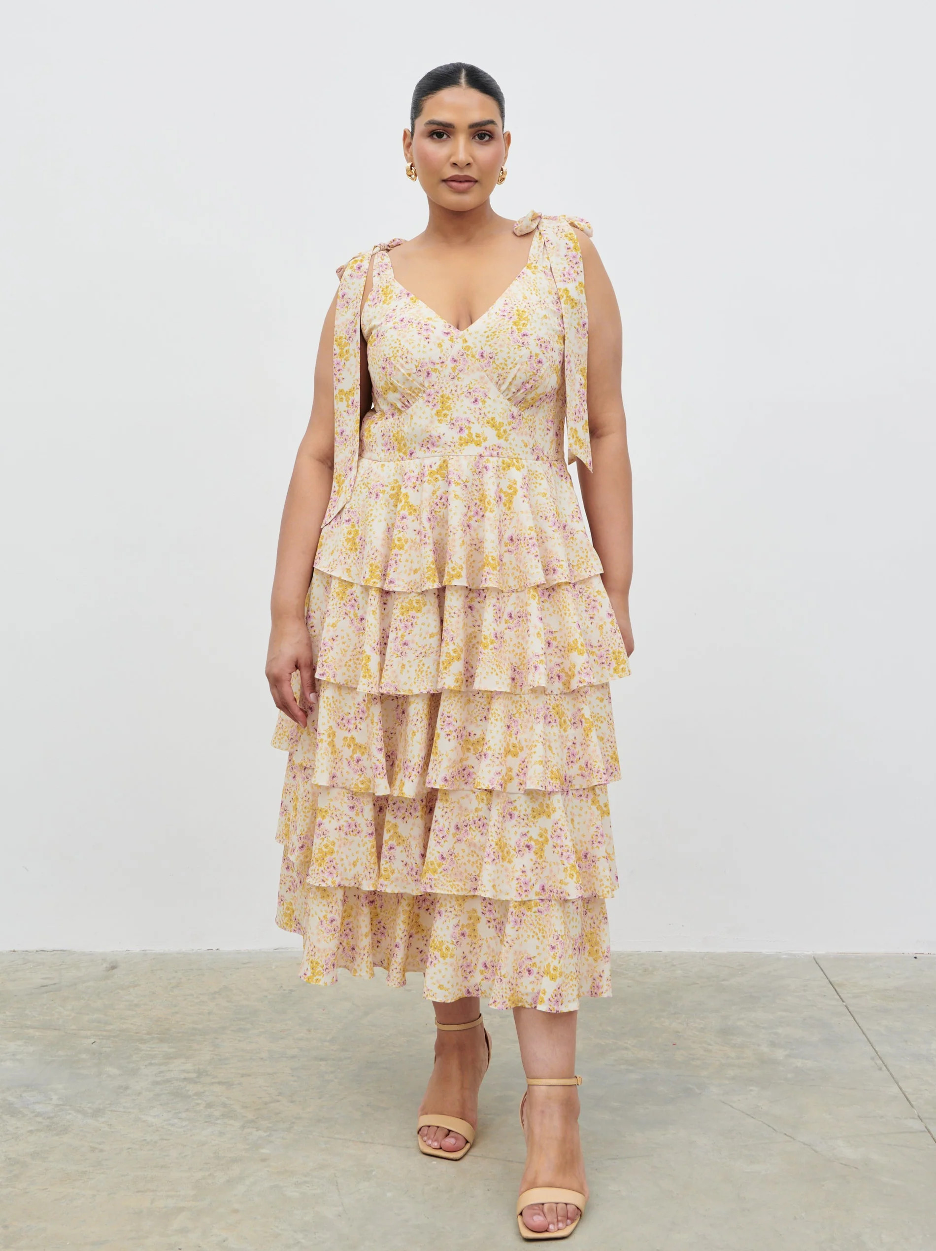 Fiore Tie Ruffle Midaxi Dress Curve - Ditsy Floral | Pretty Lavish (UK)