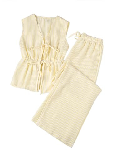 Remidoo Women's Striped 2 Piece Set Tie Front Peplum Tank Tops Wide Leg Pants Sets | Amazon (US)