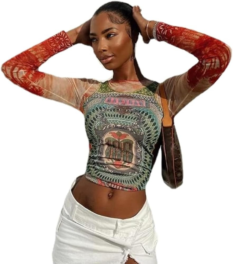 Women Long Sleeve Graphic Mesh See Streetwear T Shirts Tops Coquette Clothes Aesthetic Shirts Y2k... | Amazon (US)