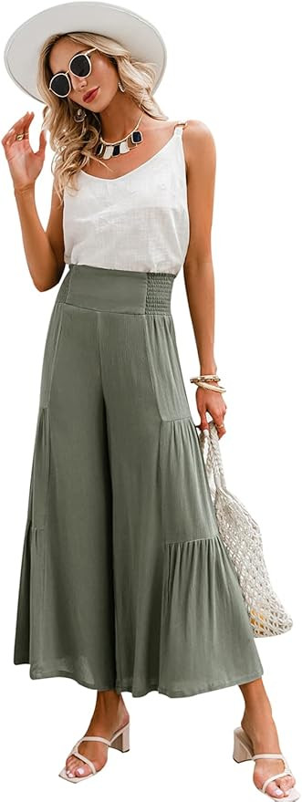 GRACEVINES Women’s Summer Boho Floral Wide Leg Pants Elastic High Waist Loose Casual Beach Pala... | Amazon (US)