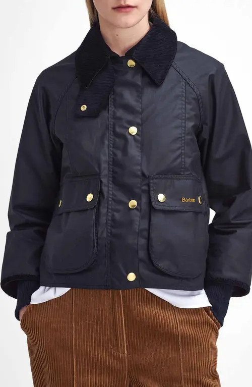 Barbour Beadnell Crop Waxed Cotton Jacket in Black/classic at Nordstrom, Size 14 Us | Nordstrom