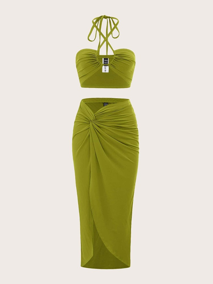 SHEIN ICON Tie Back Halter Top & Twist Front Skirt | SHEIN