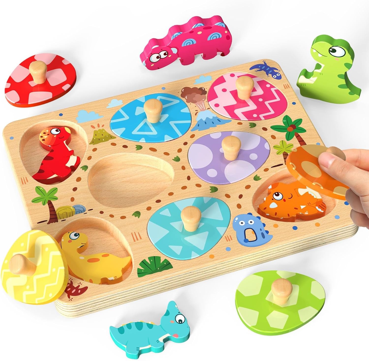 Wooden Puzzles for Toddlers, 8 Pcs Dinosaur Matching Egg Puzzle, Montessori Toys for Boy Girl Eas... | Amazon (US)