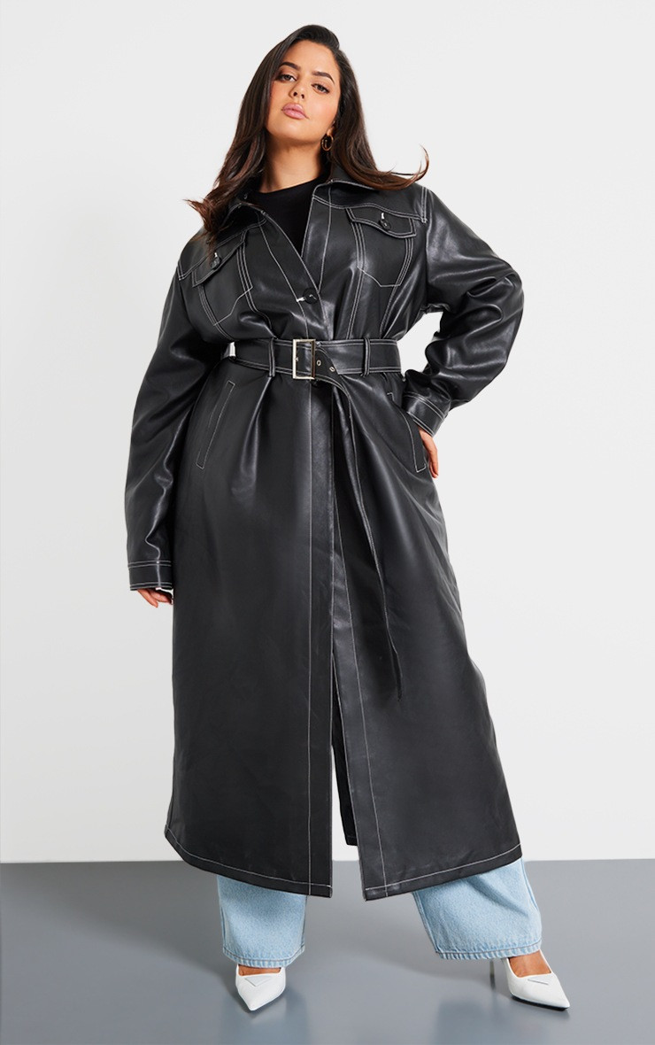 Plus Black Faux Leather Contrast Stitch Split Hem Trench Coat | PrettyLittleThing US
