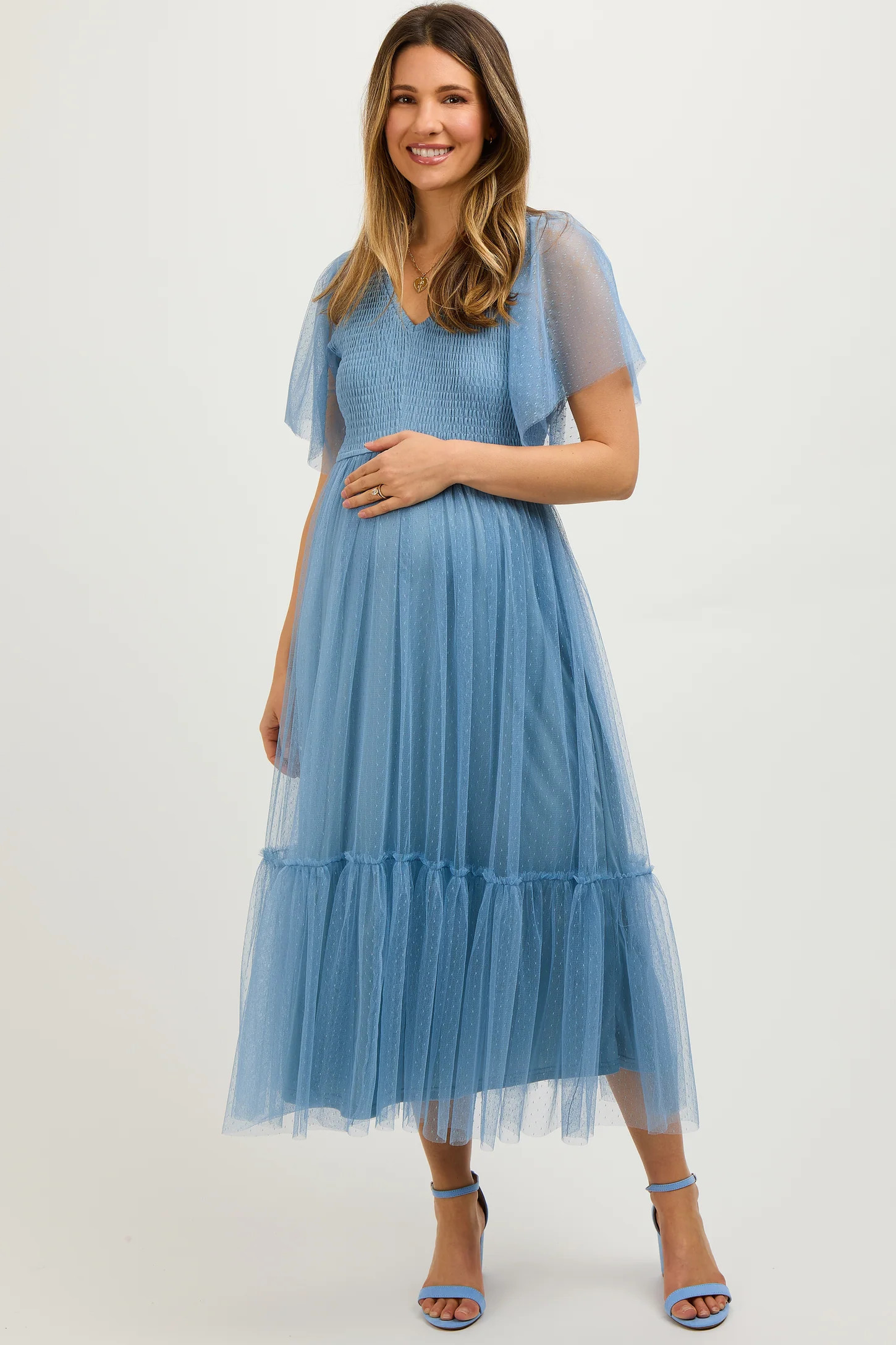 Blue Dotted Tulle Smocked Maternity Midi Dress | PinkBlush Maternity