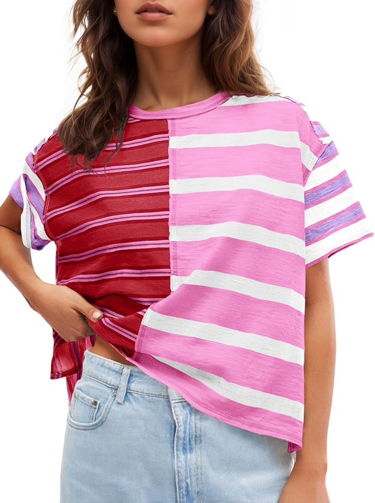 Tankaneo Womens Summer Striped Shirts Casual Color Block Short Sleeve Tops Loose Fit Crew Neck Te... | Amazon (US)