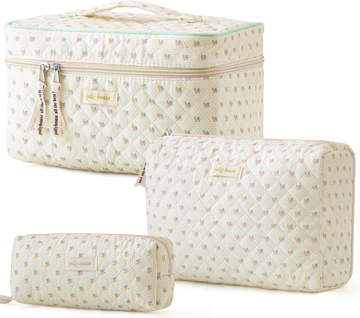 Amazon.com: HBselect Quilted Makeup Bag, 3PCS Cotton Large Travel Makeup Bag, Cute Floral Coquett... | Amazon (US)