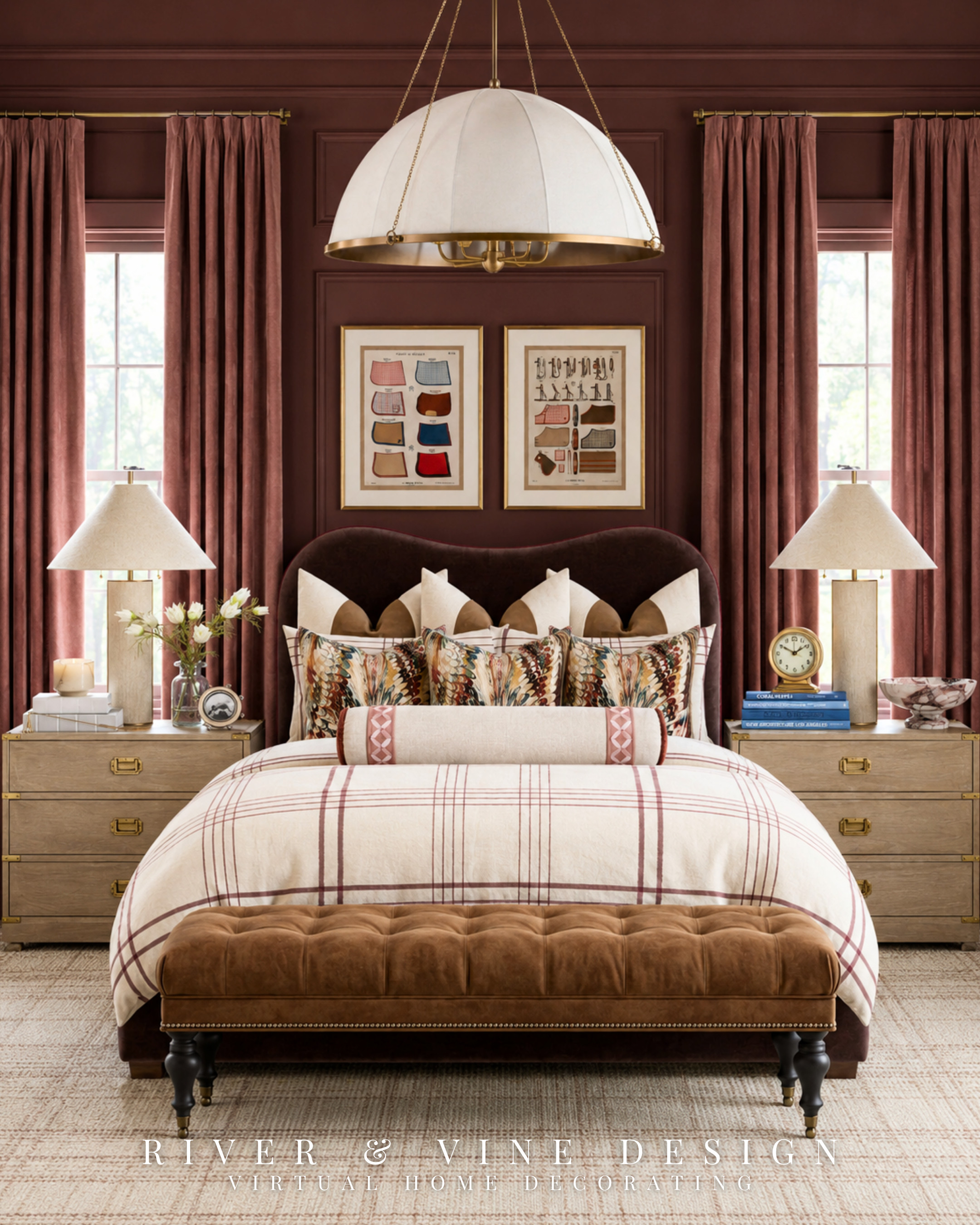 A deeply colored bedroom doesn’t have to feel dark—the secret is giving all that richness somewhere to breathe.

In this modern traditional bedroom, cream bedding and pale wood nightstands soften the burgundy walls, while the plaid duvet repeats the room’s color in a lighter way. The patterned pillows introduce smaller touches of blue, green and gold, creating a layered look without making the bed feel chaotic. Warm brass accents and the caramel bench finish the palette with just enough contrast.

Tap through to see the bedding, furniture, lighting and decorative pieces that bring the entire room together.

burgundy bedroom decor, modern traditional bedroom, plaid bedroom ideas, layered designer bedding, upholstered bed ideas, classic bedroom furniture, warm traditional interiors, equestrian bedroom decor

I may receive a commission from purchases made through my links.

#LTKHome