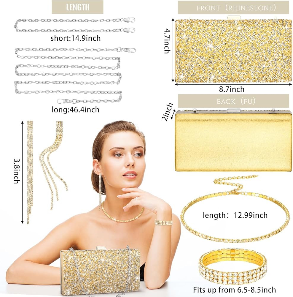Kigeli 4 Pieces Women Rhinestone Evening Clutch Bag Rhinestone Ear Clip Bridal Wedding Choker Bra... | Amazon (US)