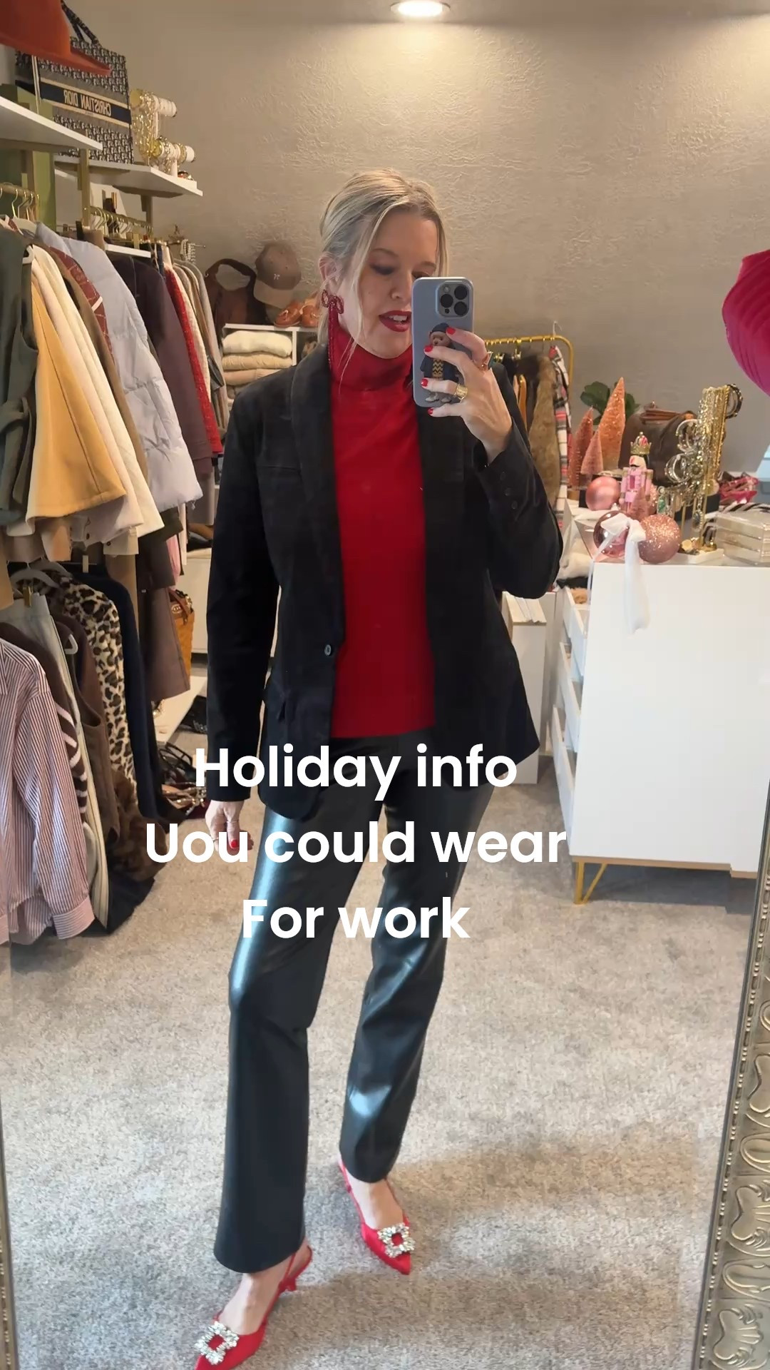 Holiday Festive outfit
🌲❤️
Cocktail party
Christmas party
Social event 
Yet,  can also be work wear because it’s great basics 

Black velvet blazer rtf in med
Red cashmere turtleneck sweater nYDJ comes in two colors red and Carmel 

Black faux leather straight leg pants. Fits tts I am in the 4 

Red satin kitten heal with rhinestone buckle 
(Min were target last year $35)
I found similar options in same price point and a few red shoes too

Red beaded bow earrings🎀 mine were a few year old from Dillards ❤️ I found some similar options

The red lip I wear all season long
💋 The  thrive  clean beauty empower Matt crayon in color Linda 💋 it doesn’t bleed 
And is so silky stays on for hours and hours 

Opi nail polish in big Apple red 


#LTKSaleAlert #LTKOver40 #LTKHoliday
