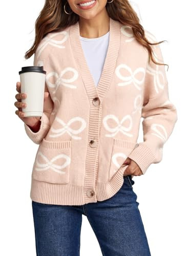 Astylish Chunky Cardigan Sweaters for Women Casual Fall Fashion Business Work Bow Pattern Long Sleeve Open Front Outwear with Pockets Parchment Large | Amazon (US)