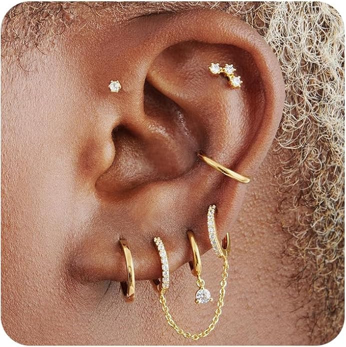Gold Earrings Set for Women, 14K Gold Plated Stud and Cartilage Earring Sets for Multiple Piercin... | Amazon (US)