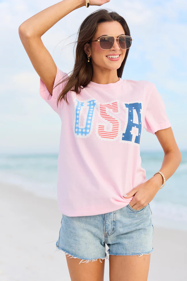 USA Lace Print Light Pink Graphic Tee | Pink Lily