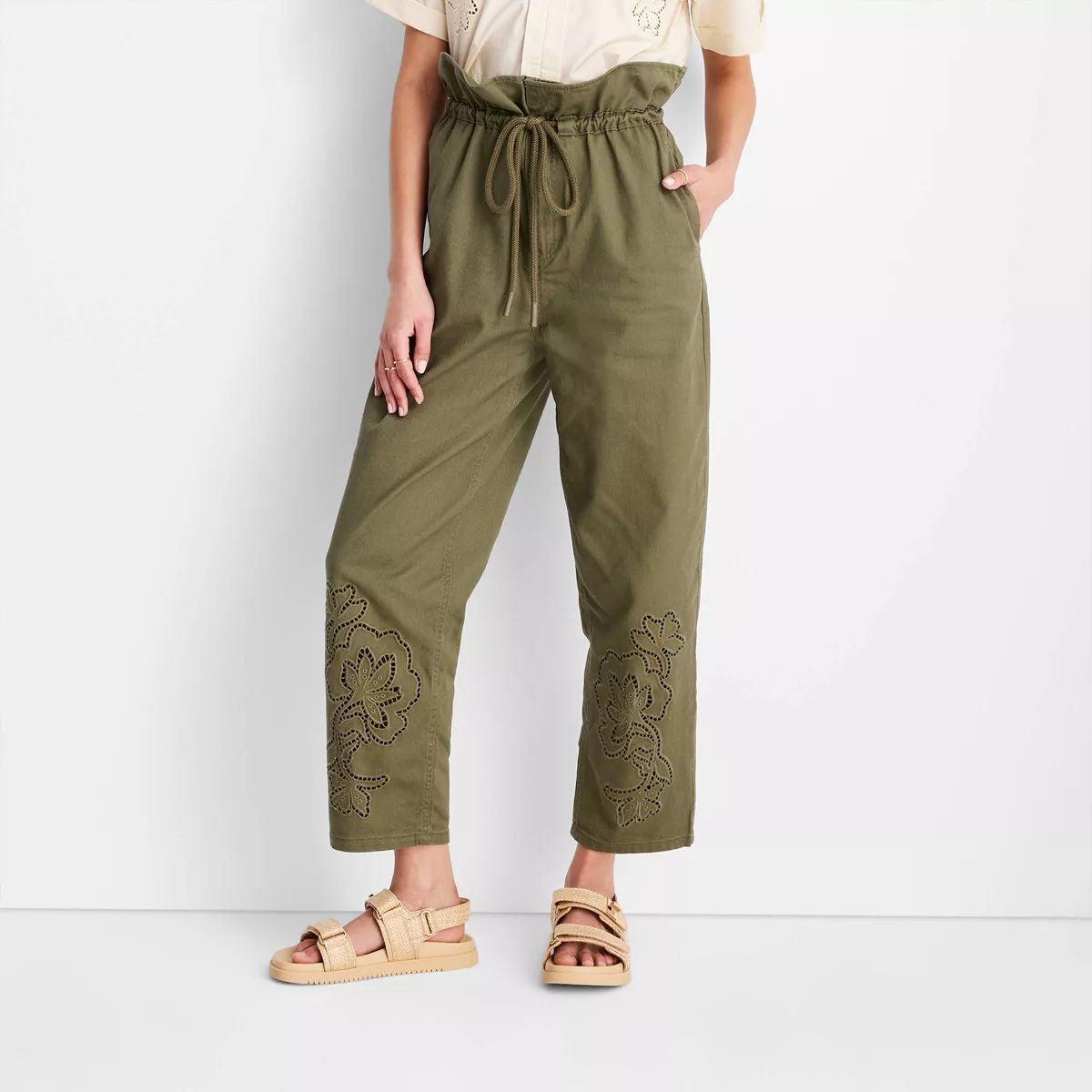 Women's High-Waisted Eyelet Pants - Future Collective™ with Jenny K. Lopez Olive Green 0 | Target