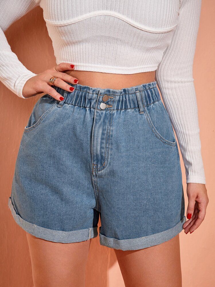 SHEIN SXY Plus High Waist Roll Up Hem Denim Shorts | SHEIN