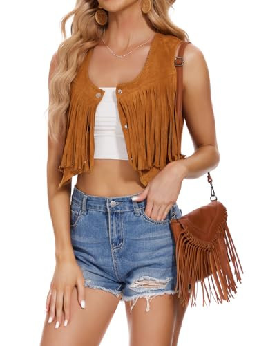 WUDODO Women's Suede Fringe Trim Tassel Sleeveless Crop Vest Jacket Button Front Western Cowgirls Coat Outfits Brown S | Amazon (US)