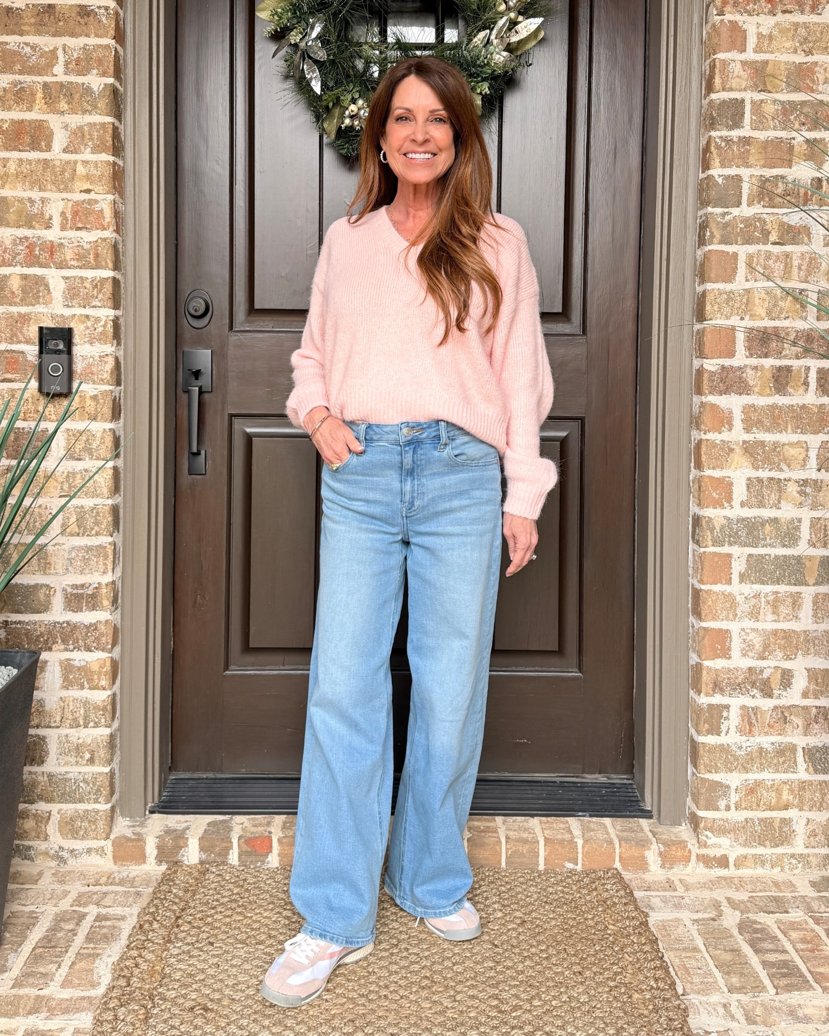 Pink sweater with wide leg jeans in 28” inseam. The perfect weekend outfit for running errands. 
Wearing size small sweater, size 26 x 28 jeans and 6 1/2 sneakers. I linked similar style sneakers.


#LTKOver40 #LTKPetite #LTKootd