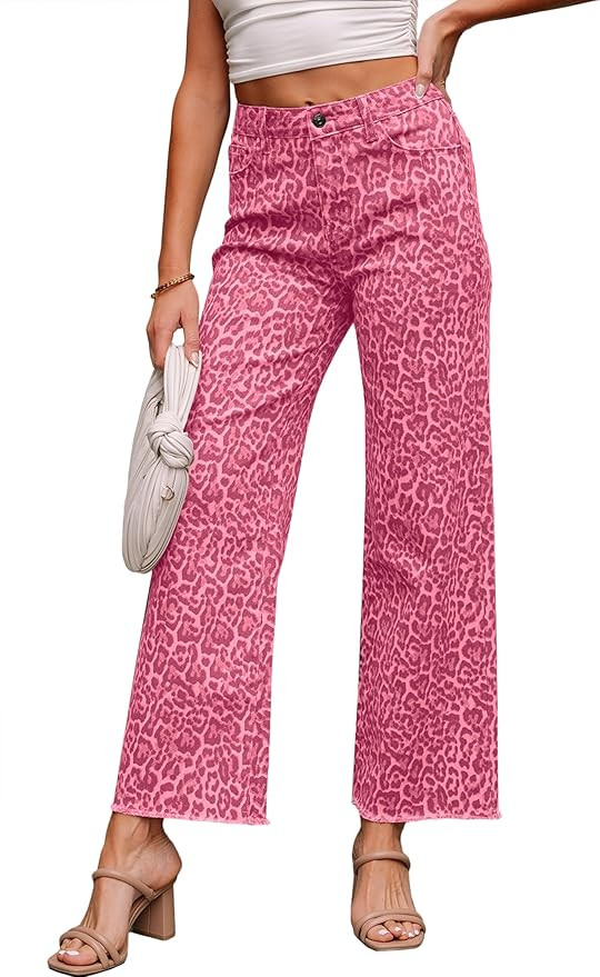 Apvirdy Women's Leopard Frayed Edge Denim Pants Wide Leg High Waist Trendy Elegant Jeans 2025 | Amazon (US)