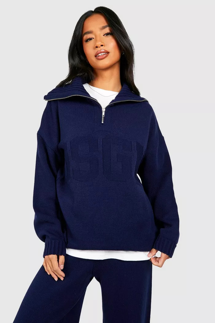 Petite Dsgn Embossed Knitted Half Zip Jumper | Boohoo.com (UK & IE)