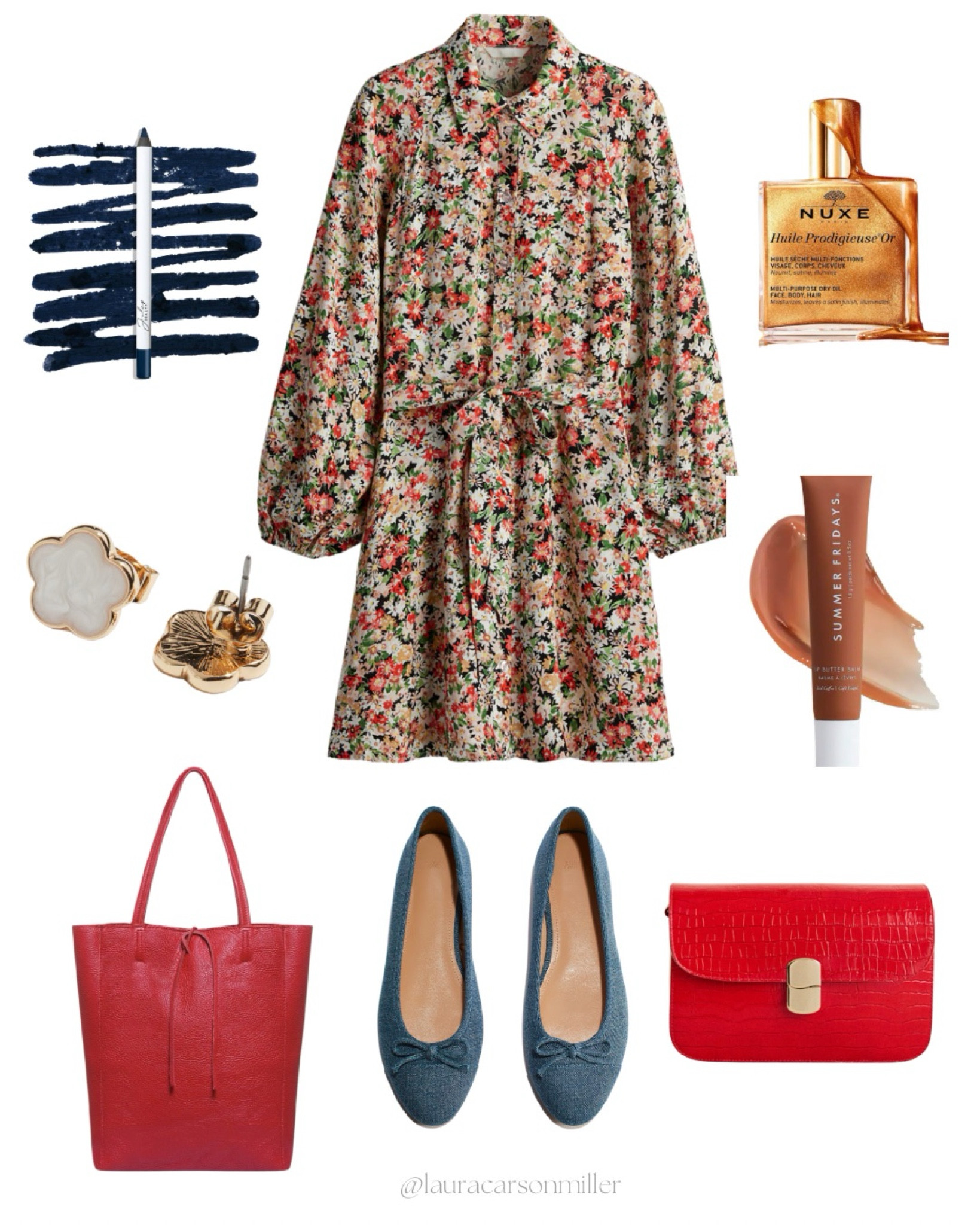 This wear anywhere floral dress is elevated by the denim ballet flats and statement red purse and tote bag. When it’s time for bare legs a fabulous oil like this one adds a touch of color and moisturizes for a subtlety epic effect.
Laura carson miller, floral dress, red purse, red tote bag, nude lip gloss, shimmer body oil, navy eyeliner, valentines outfit, travel outfit, work outfit, style tip

#LTKShoeCrush #LTKStyleTip #LTKWorkwear