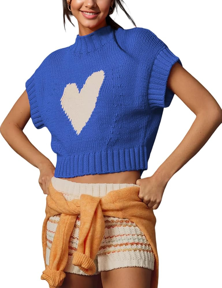 Red Heart Sweater Vests for Women Cute Mock Neck Short Cap Sleeve Cropped Sweaters Valentines Day... | Amazon (US)