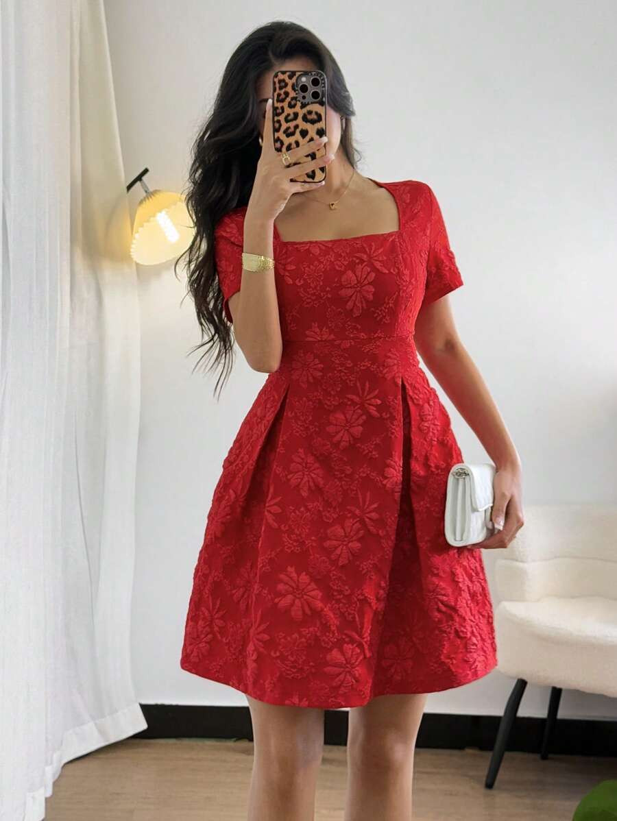 Rafferiza Women's Elegant Square Neck Jacquard Waist Pleated Short Sleeve A-Line Mini Dress | SHEIN