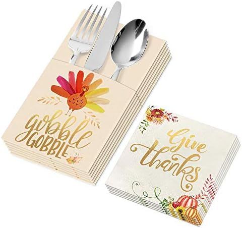 Thanksgiving Napkins - 54 Pack Gold Foil Napkins Paper w Cutlery Holders - Give Thanks Table Deco... | Amazon (US)