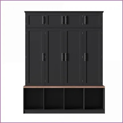 Farmhouse Hall Tree with Walnut Bench, 4 Hooks & 8 Storage Cabinets | Black | MDF | Wayfair North America