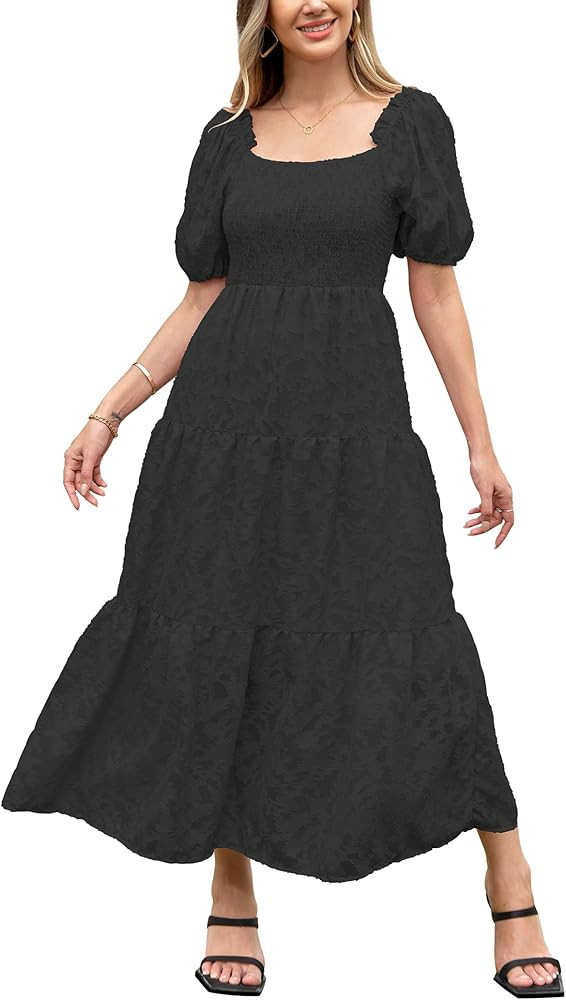 Womens Summer Short Puff Sleeve Off Shoulder Smocked Floral Dress Lace Flowy A Line Textured Tier... | Amazon (US)
