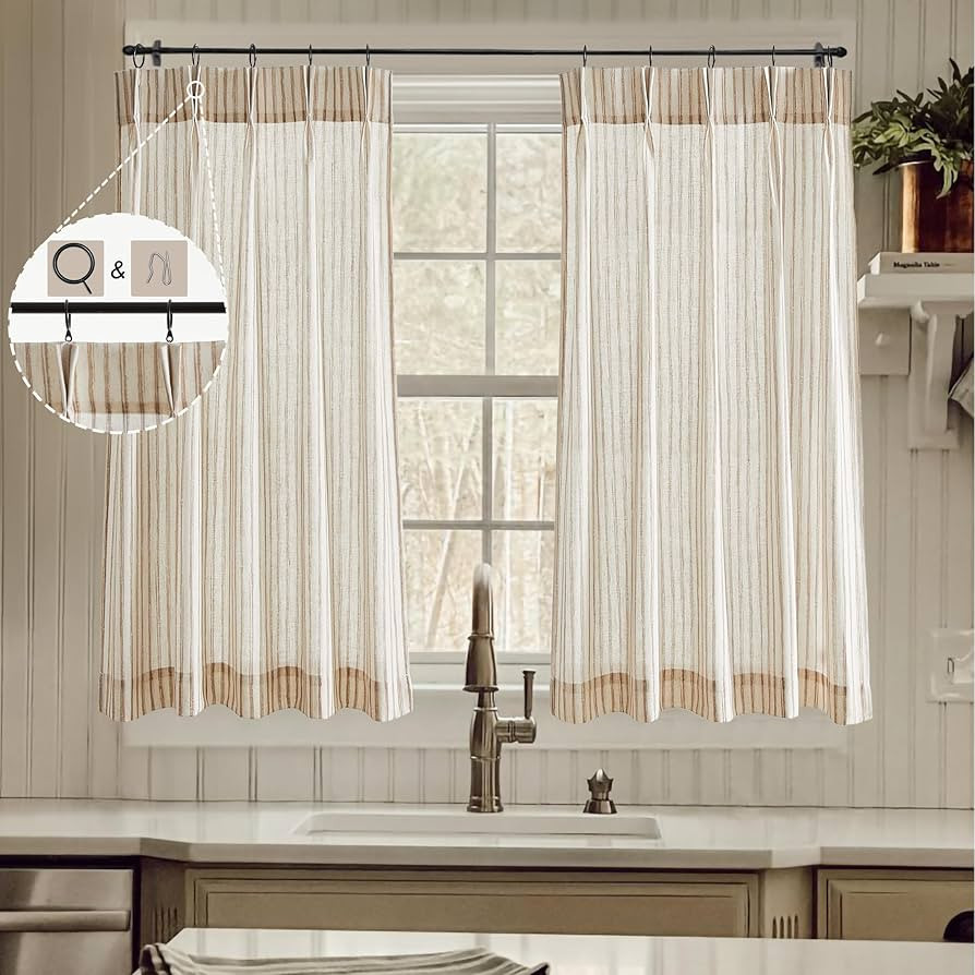 Short Curtains for Windows,Pinch Pleated Kitchen Curtains 45 Inch Length,Ticking Stripe Linen Cur... | Amazon (US)