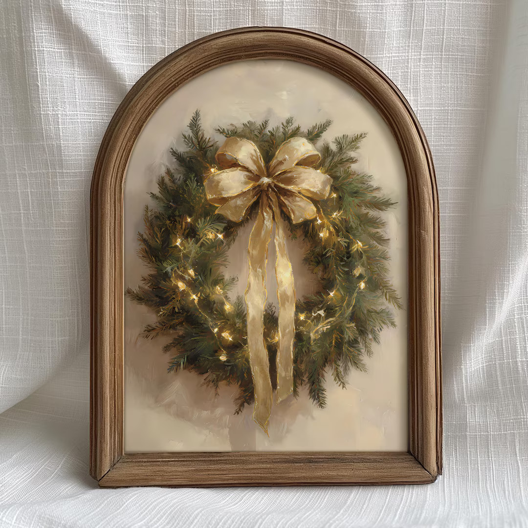 Christmas Wreath Wall Art Printable Holiday Wreath With Gold Bow Festive Home Decor Winter Greene... | Etsy (US)