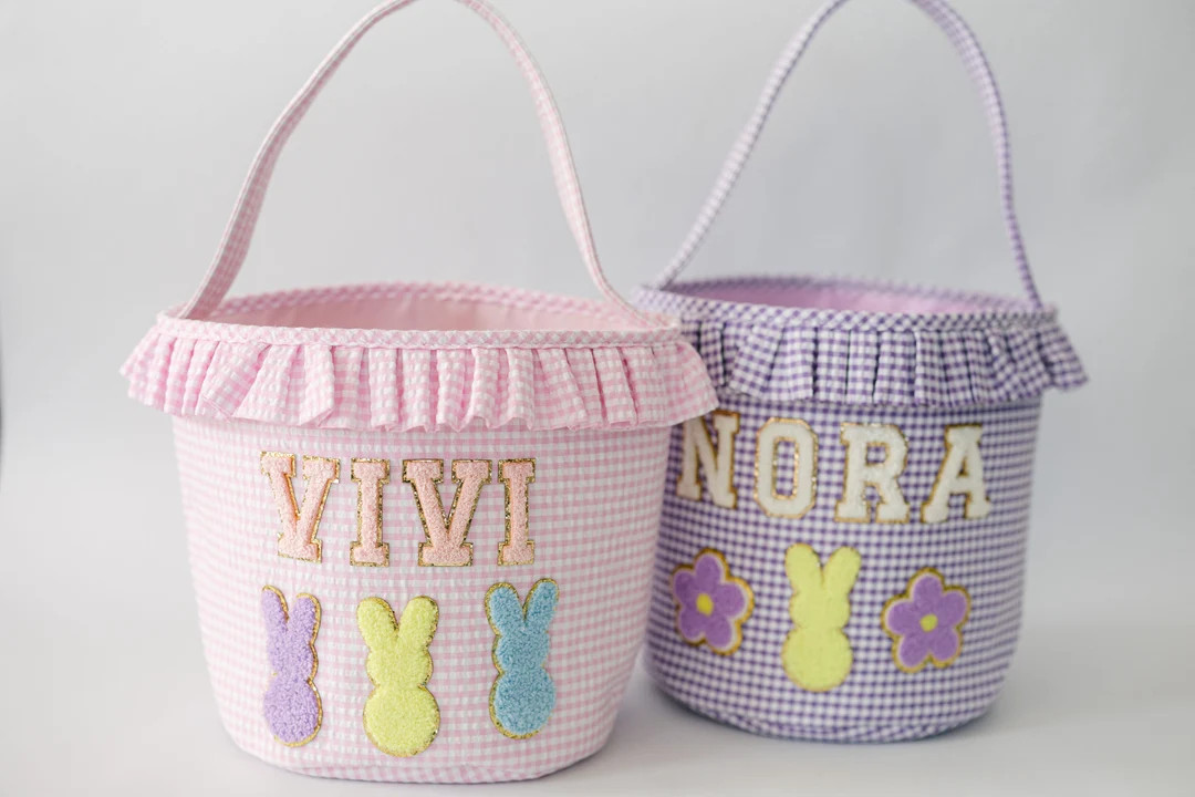 Custom Name Easter Basket Personalized Kids Easter Basket Easter Bunny Chenille Patch Bag Customi... | Etsy (US)