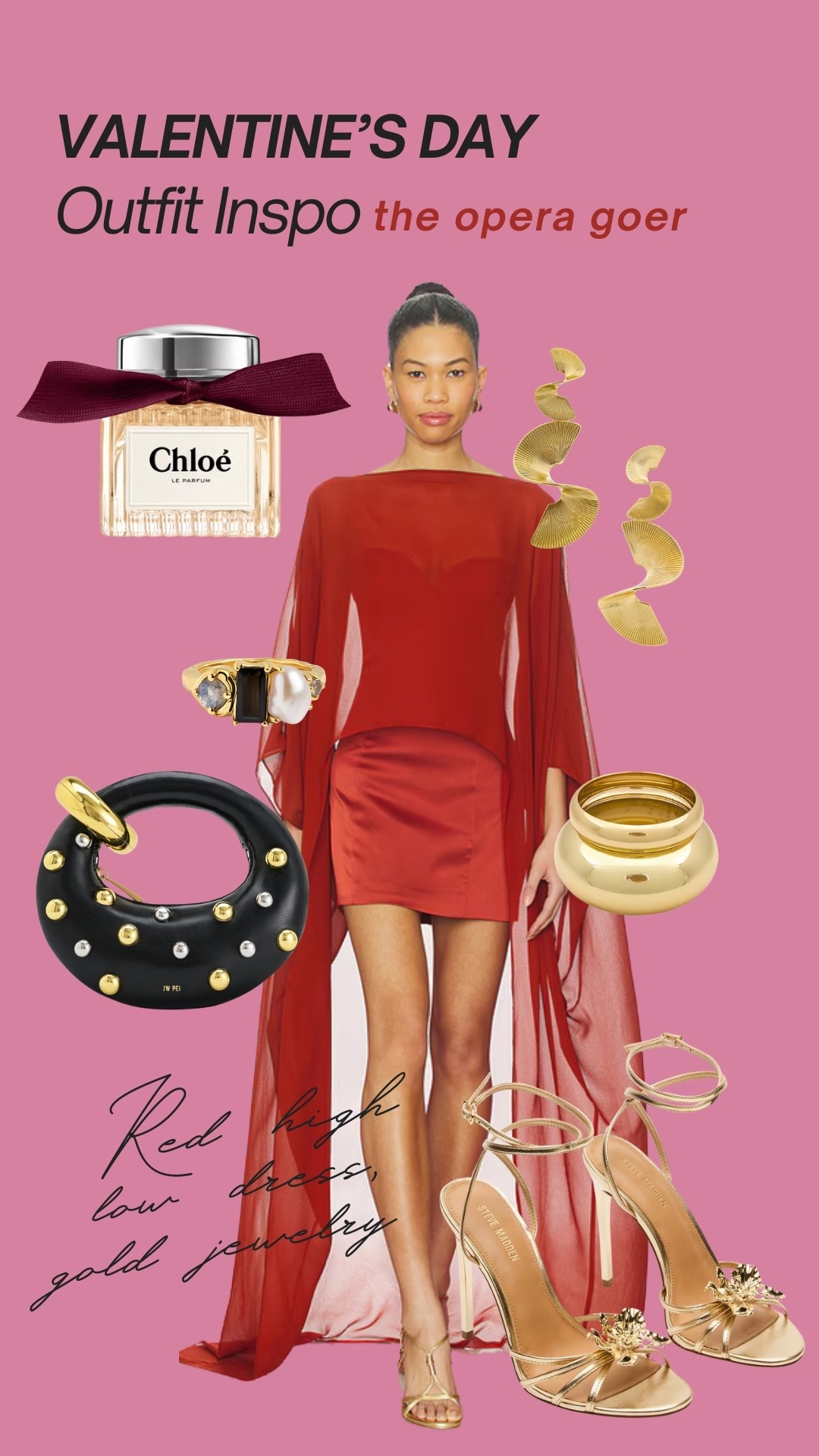 Valentine’s Day Outfit Inspo: the opera goer. She has a flare for drama, she knows a red lip is always in style, she is equal parts feminine and strong. 

Outfit detes: 
-Red high / low cape dress from Revolve 
-Black studded clutch purse from JWpei 
-Gold statement earrings and bangle 
-Strappy gold sandal heels from Steve Madden 


#valendtinesday#datenightoutfit#datenightdress#operatrend#reddress#statementjewelry#banglebracelet#strappyheels 