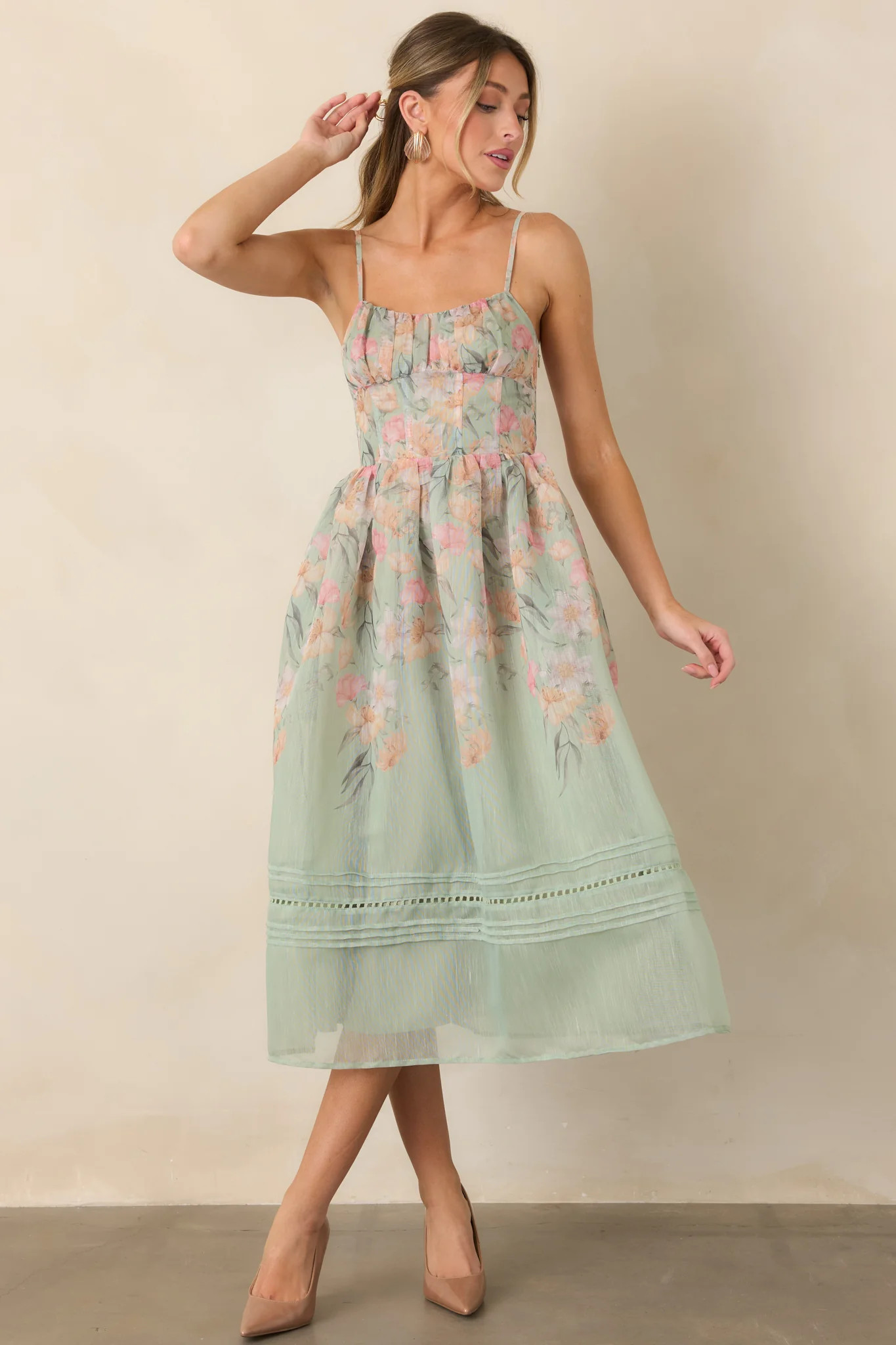 En Saison Kacey Sage Multi Floral Ruched Bodice Midi Dress | Red Dress
