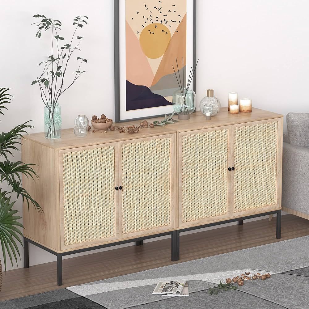 XIAO WEI Sideboard with Handmade Natural Rattan Woven Doors, Rattan Cabinet Console Table Storage... | Amazon (US)