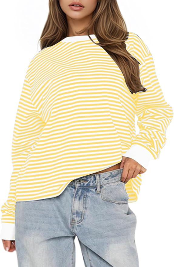 Women’s Oversized Crew Neck Striped Sweatshirt Long Sleeve Casual Pullover Color Block Fall Shi... | Amazon (US)