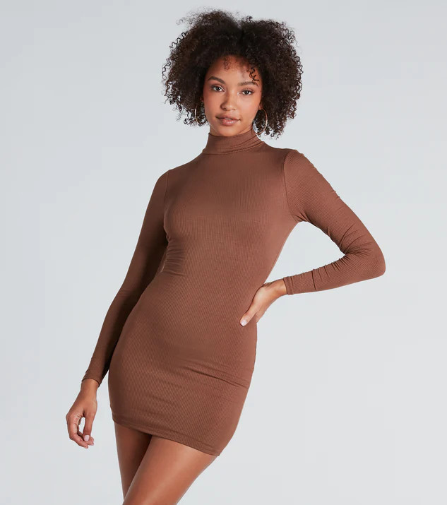 Basic Ribbed Knit Long Sleeve Mini Dress | Windsor Stores