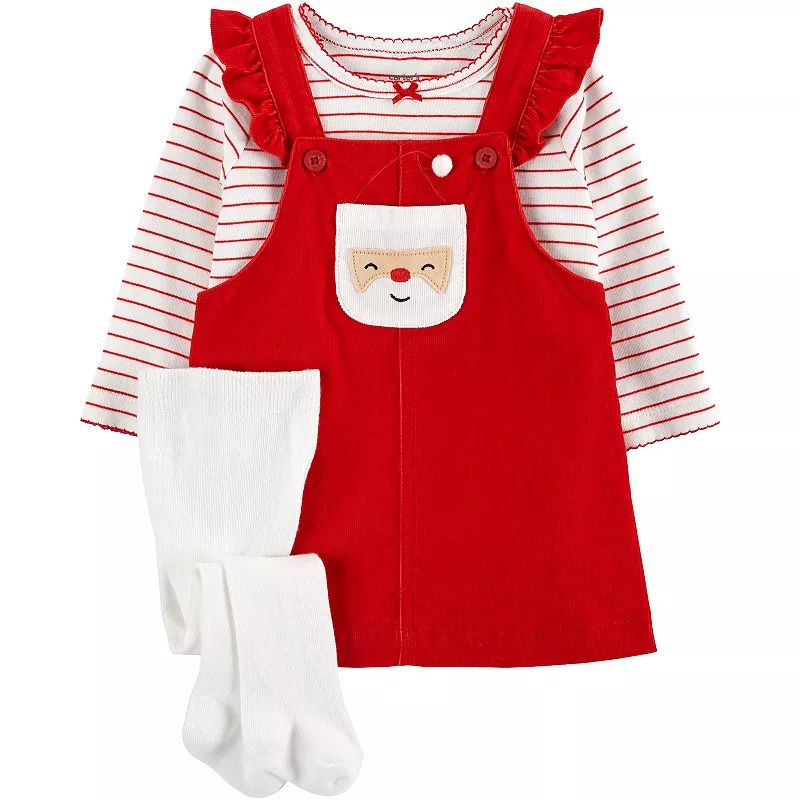 Baby Girl Carter's 3-Piece Striped Tee & Santa Jumper Set, Infant Girl's, Size: 6 Months, Red | Kohl's