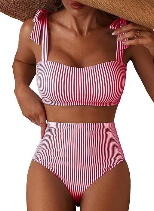 Women's Tie Shoulder Bikini Sets 2 Piece Striped Swimsuits High Waisted Bathing Suits | Amazon (US)