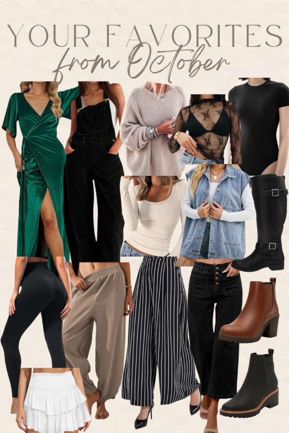 October best sellers, most from Amazon (minus the black booties). Everything is true to size (I’m a large in all), EXCEPT the beige lounge pants on the bottom left (size UP in those, I’m in the XL). And the black leggings on the bottom left have weird sizing, go by the size chart on Amazon, I’m in the S/M. 

#LTKFindsUnder50 #LTKMidsize #LTKStyleTip