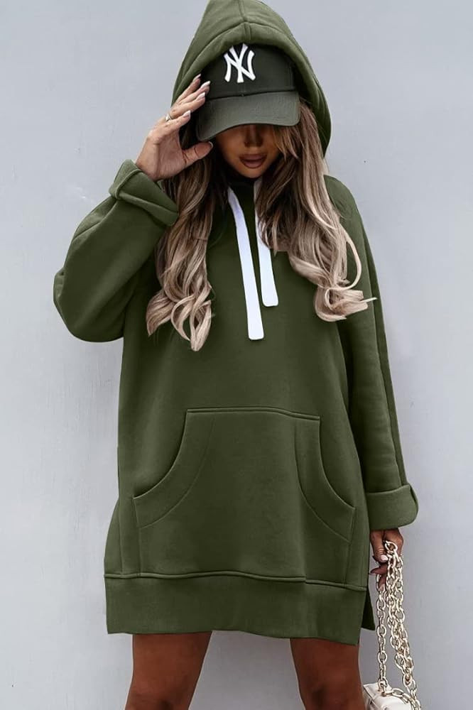 PRETTYGARDEN Women's Casual Pullover Sweatshirt Long Sleeve Split Hem Hoodie Dress with Kangaroo ... | Amazon (US)