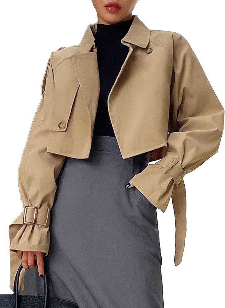 Verdusa Women's Button Front Buckle Raglan Sleeve Crop Jacket Trench Coat | Amazon (US)