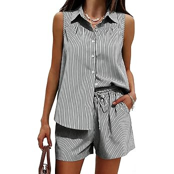 EXLURA Women's Summer 2 Piece Outfits Cotton Sleeveless Button Down Shirts Matching Shorts Sets C... | Amazon (US)