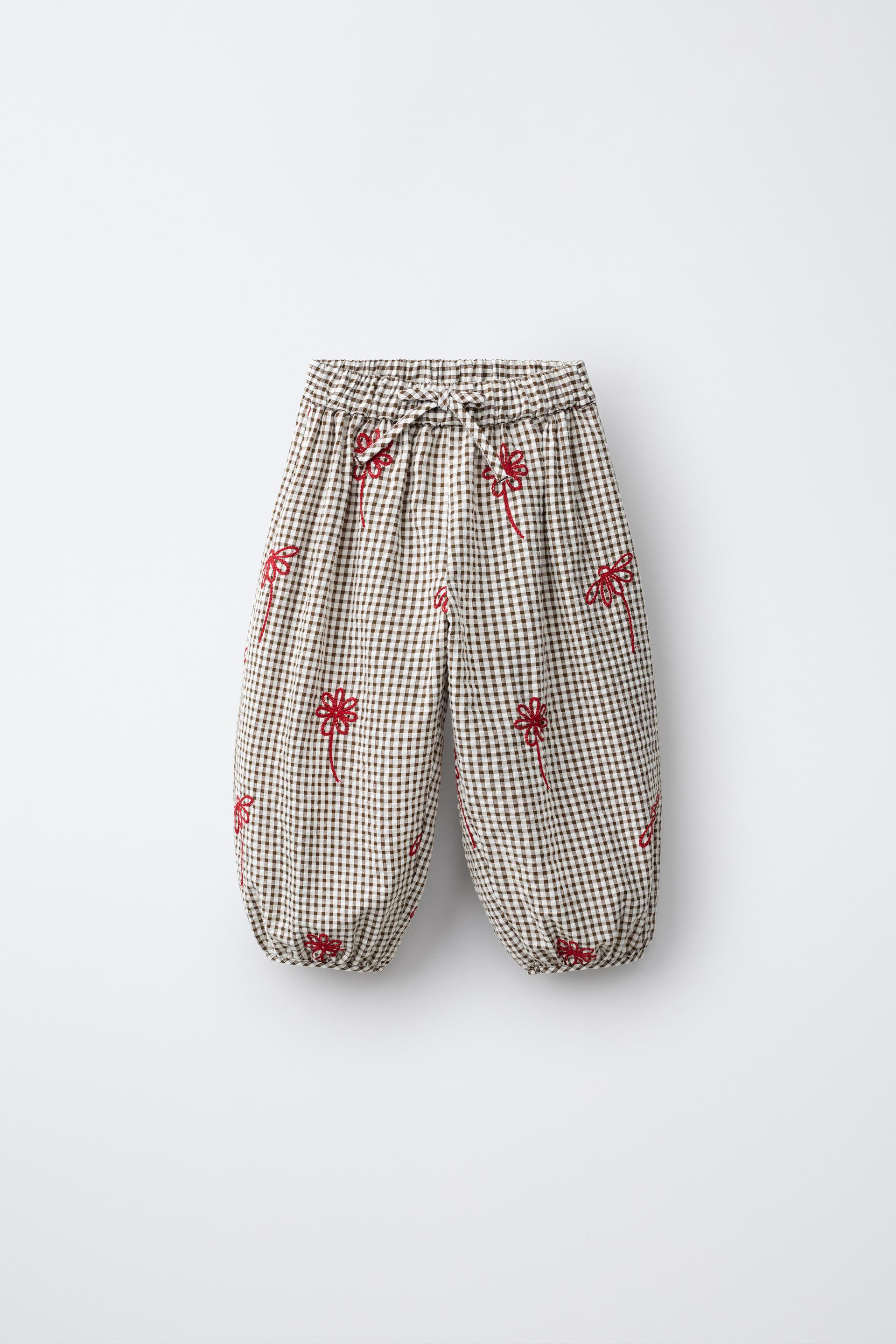 Zara - Plaid Embroidered Floral Balloon Pants - Chocolate - 6 Years (45,2 Inches) - Kids | Zara US