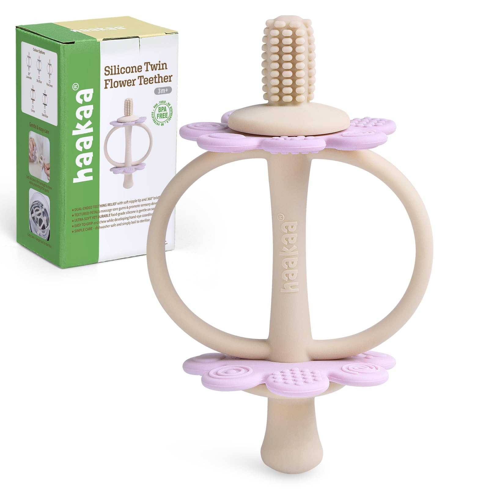haakaa Silicone Twin Flower Teether,Nipple-Shaped End for Gum Massage,360° Baby Toothbrush Head for Self-Brushing Training,Easy to Grip - Lavender | Amazon (US)