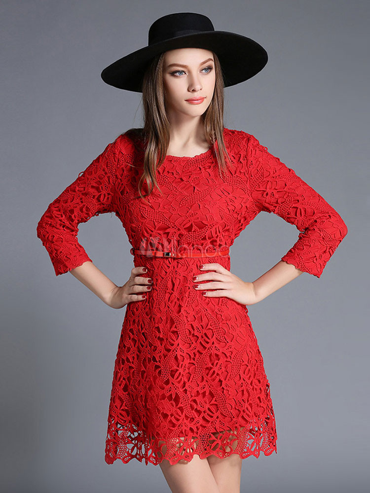 Red Lace Dress Women's Jewel Neck 3/4 Length Sleeve Slim Fit A-Line Dress With Belt | Milanoo