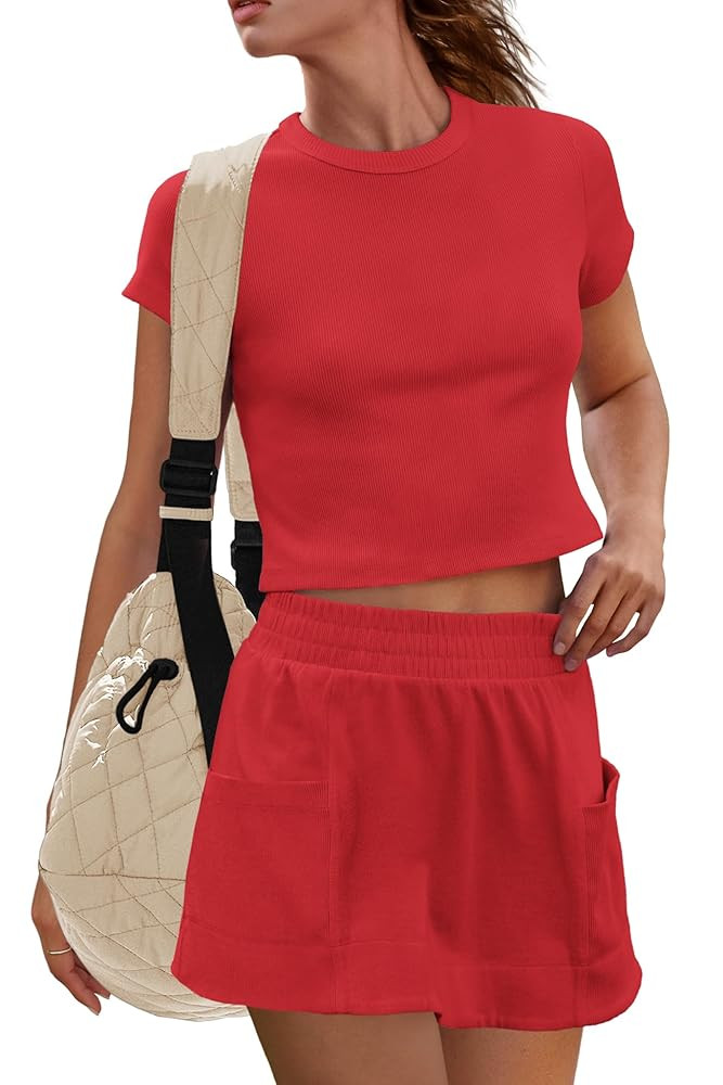 Panadila Womens Skort Sets 2 Piece Outfits Ribbed Short Sleeve Tops and Skirt with Shorts Underne... | Amazon (US)