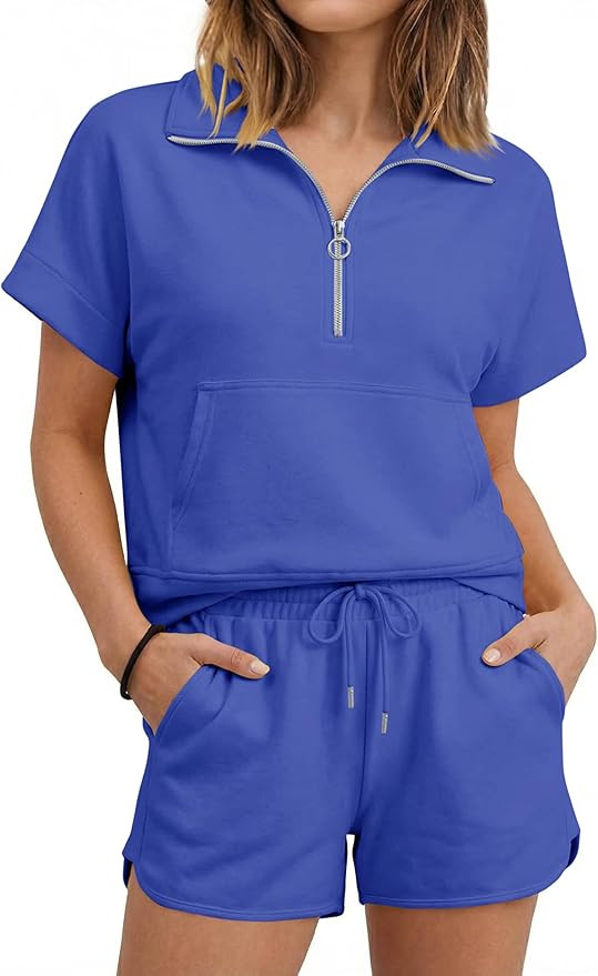 Womens Short Sets Summer Lounge Sets Zipper V Neck Short Sleeve Tops Drawstring Shorts Sweatsuits... | Amazon (US)